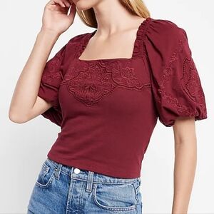 EXPRESS Burgundy Embroidered Square Neck Puff Sleeve Top, Size XS